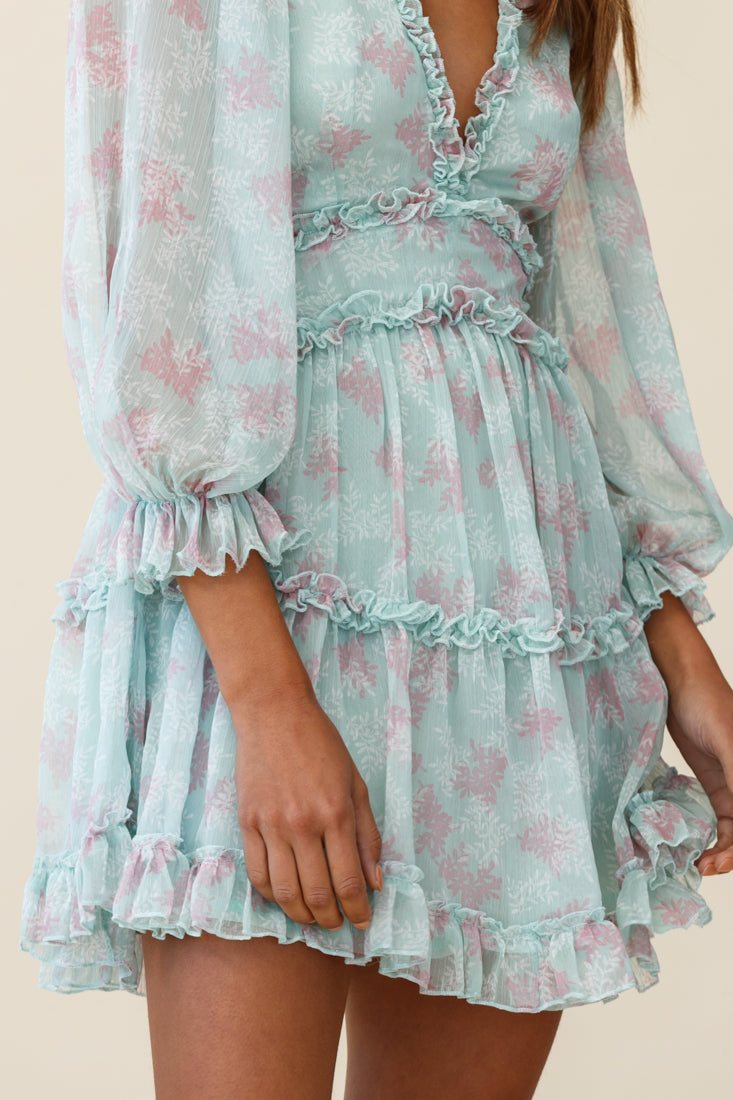 Laney Cutout Back Ruffle Trim Dress Leaves Print Mint