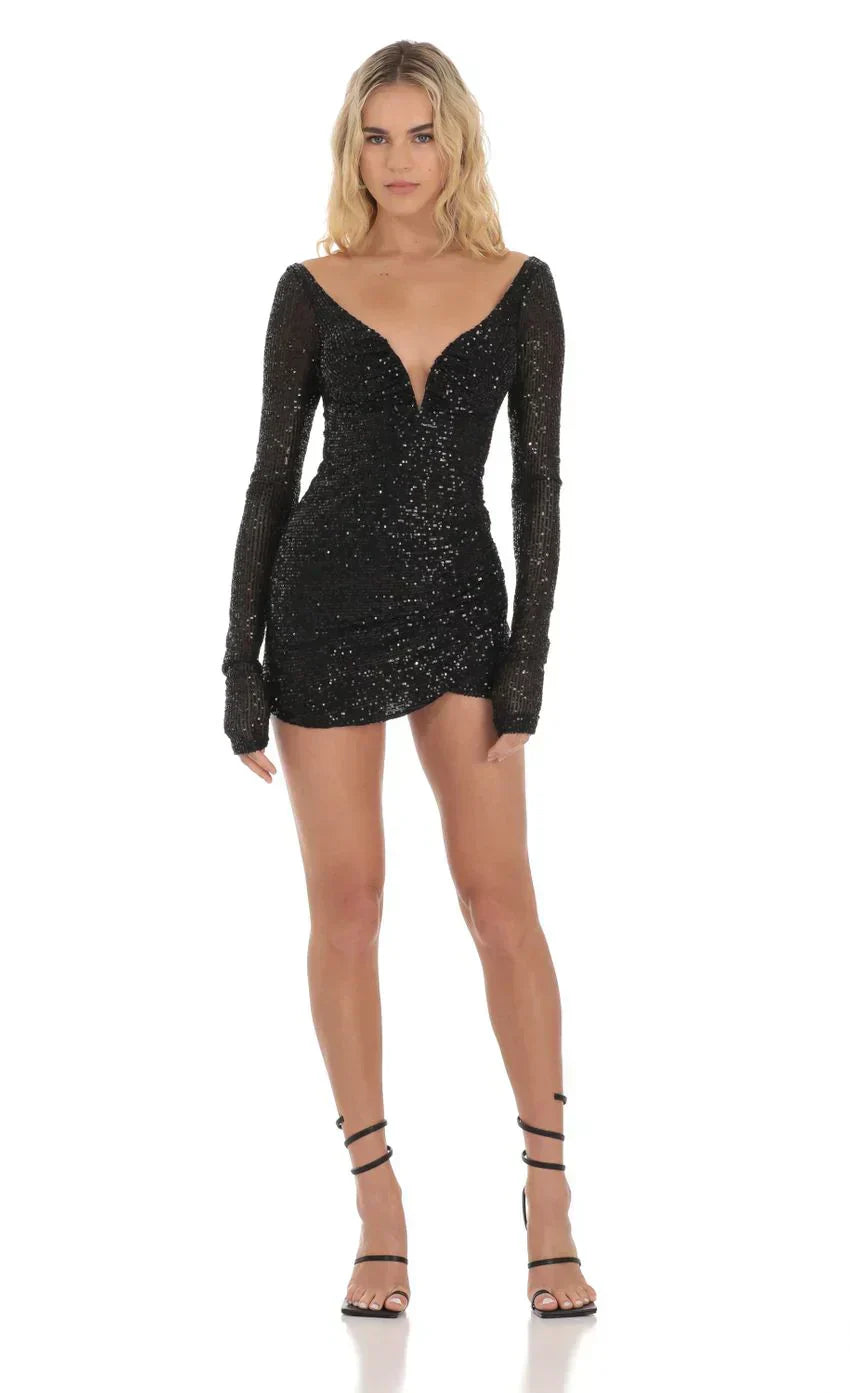 Sequin V-Neck Long Sleeve Dress in Black