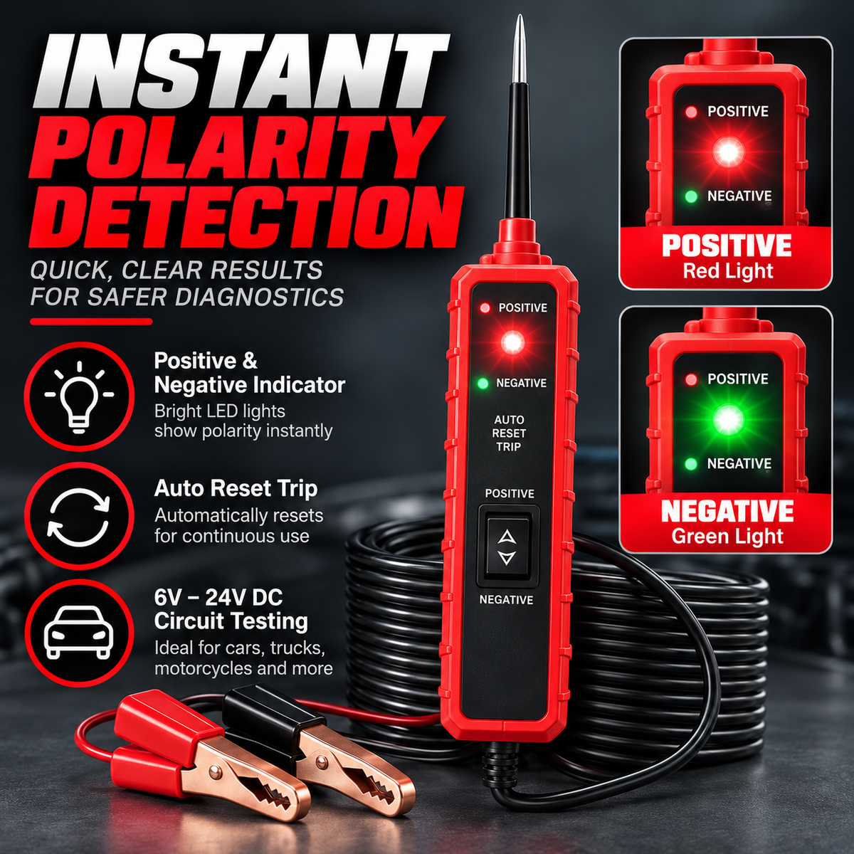 6V–24V Automotive Circuit Tester – Digital Voltage Probe with Short Circuit Detection, Polarity & Continuity Testing