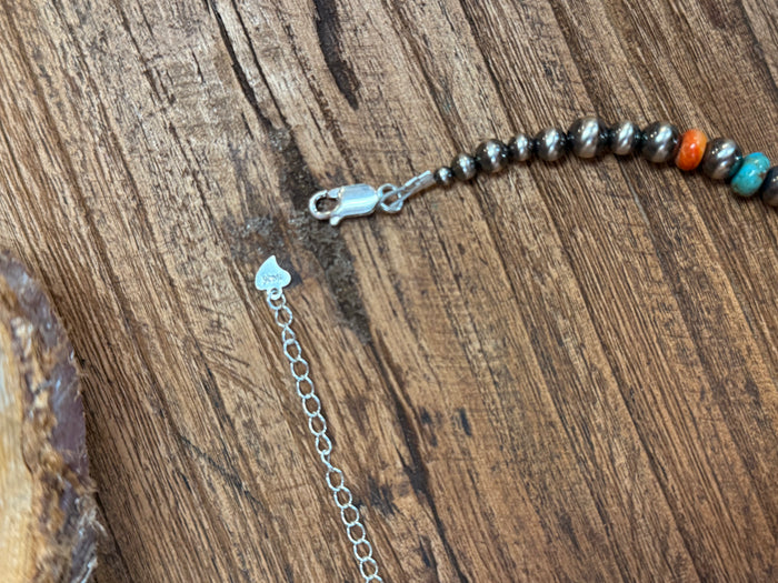 Sterling silver clasp bead necklace with turquoise and orange stones, extension chain
