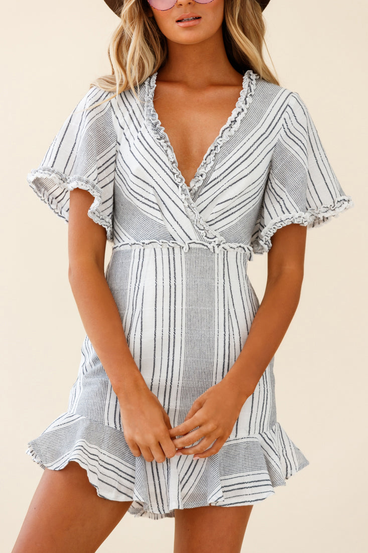 Ochre Open Back Bow Detail Dress Stripe Pattern White/Navy