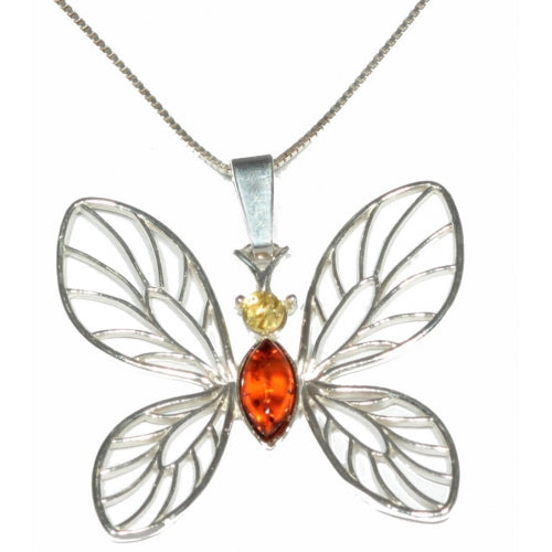 Large Butterfly Amber & Sterling Silver Pendant
