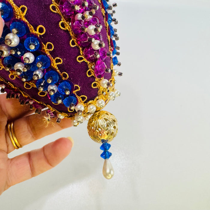 Beaded Velvet Teardrop Ornament Handmade Purple Blue Faux Pearl Holiday Decor