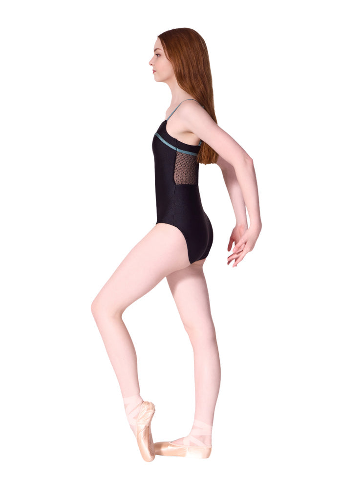 Capezio women's Cherish camisole leotard in black with textured mesh back panel and teal trim and straps.