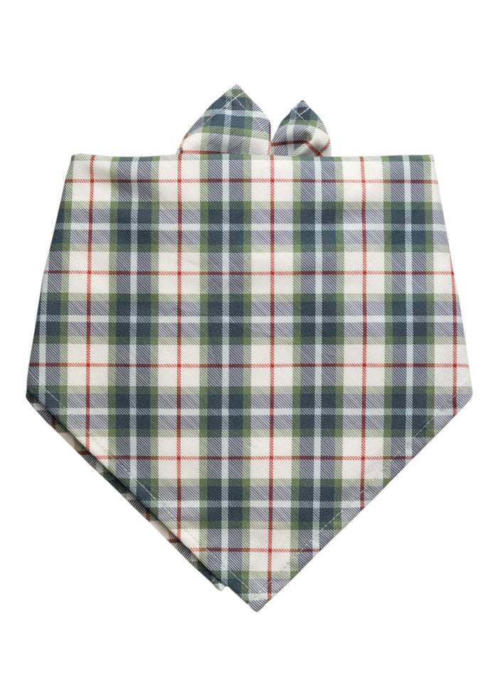 Soft fabric dog bandana in a traditional green plaid pattern, outlined by fine intersecting lines for a crisp, heritage-inspired style.