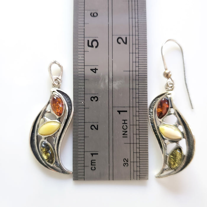 long silver amber earrings pendant set