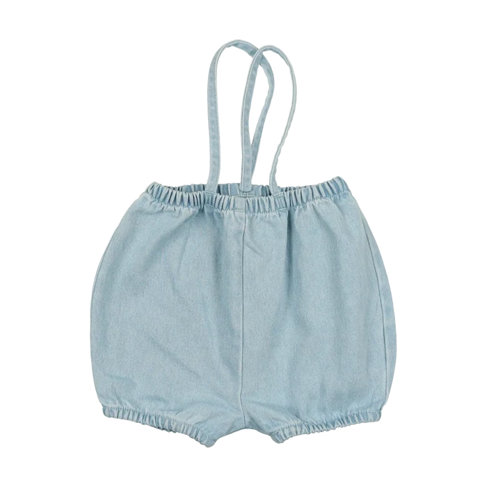 one piece bubble suspender short - light denim