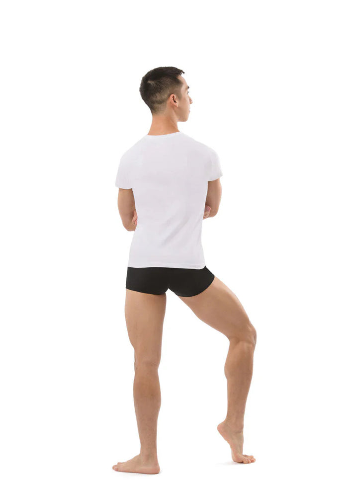 Ballet Rosa Men's Paule Microfiber or Stretch Cotton Crewneck T-Shirt in Blanc White with short sleeves, shown on a male model wearing black shorts