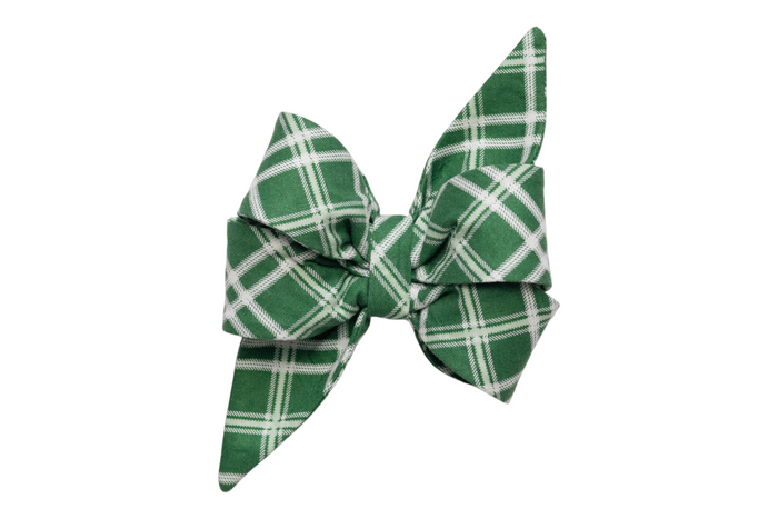 Stylish green plaid belle bow, designed with full structured loops and elongated pointed ends, gathered neatly at the center for a polished finish.
