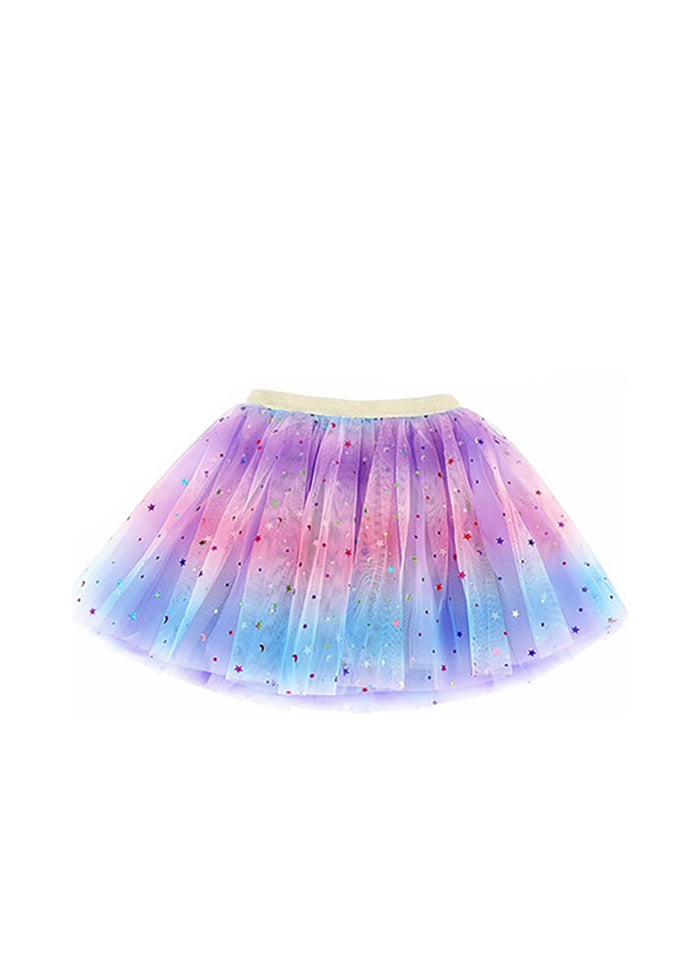 Dasha youth 3-layer tutu in blue, pink, and purple with star shaped sequins and gold elastic waistband.
