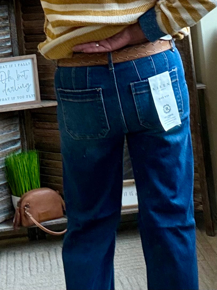 Blue denim slant-pocket trouser jeans with front slanted pockets and waist tag
