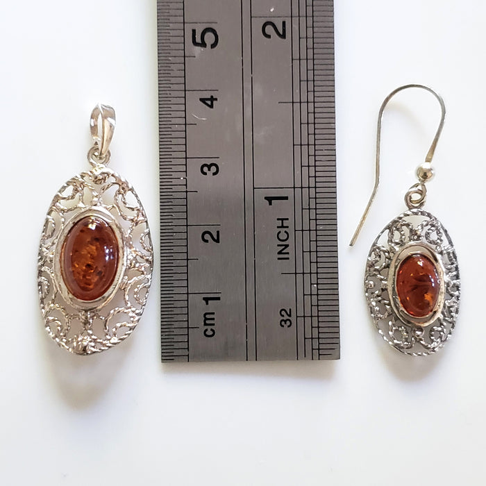 Sterling Silver Filigree Oval Pendant Earrings Set BuyRussianGifts Store