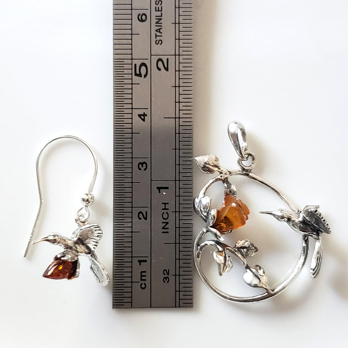 hummingbird with rose silver pendant earrings jewelry set