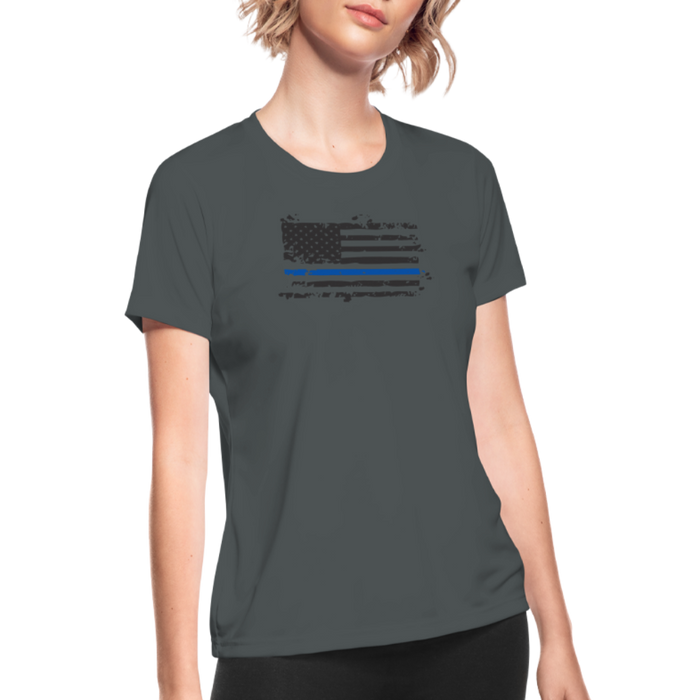 Women's Moisture Wicking Performance T-Shirt - Distressed Blue Line flag - charcoal