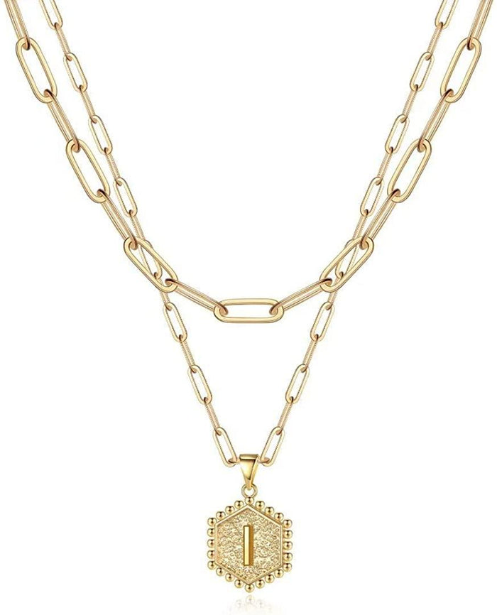 14K Gold Plated Paperclip Chain Necklace Simple Cute Hexagon Letter Pendant Initial Choker Necklace - Decotree.co Online Shop