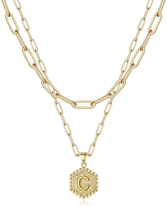 14K Gold Plated Paperclip Chain Necklace Simple Cute Hexagon Letter Pendant Initial Choker Necklace - Decotree.co Online Shop