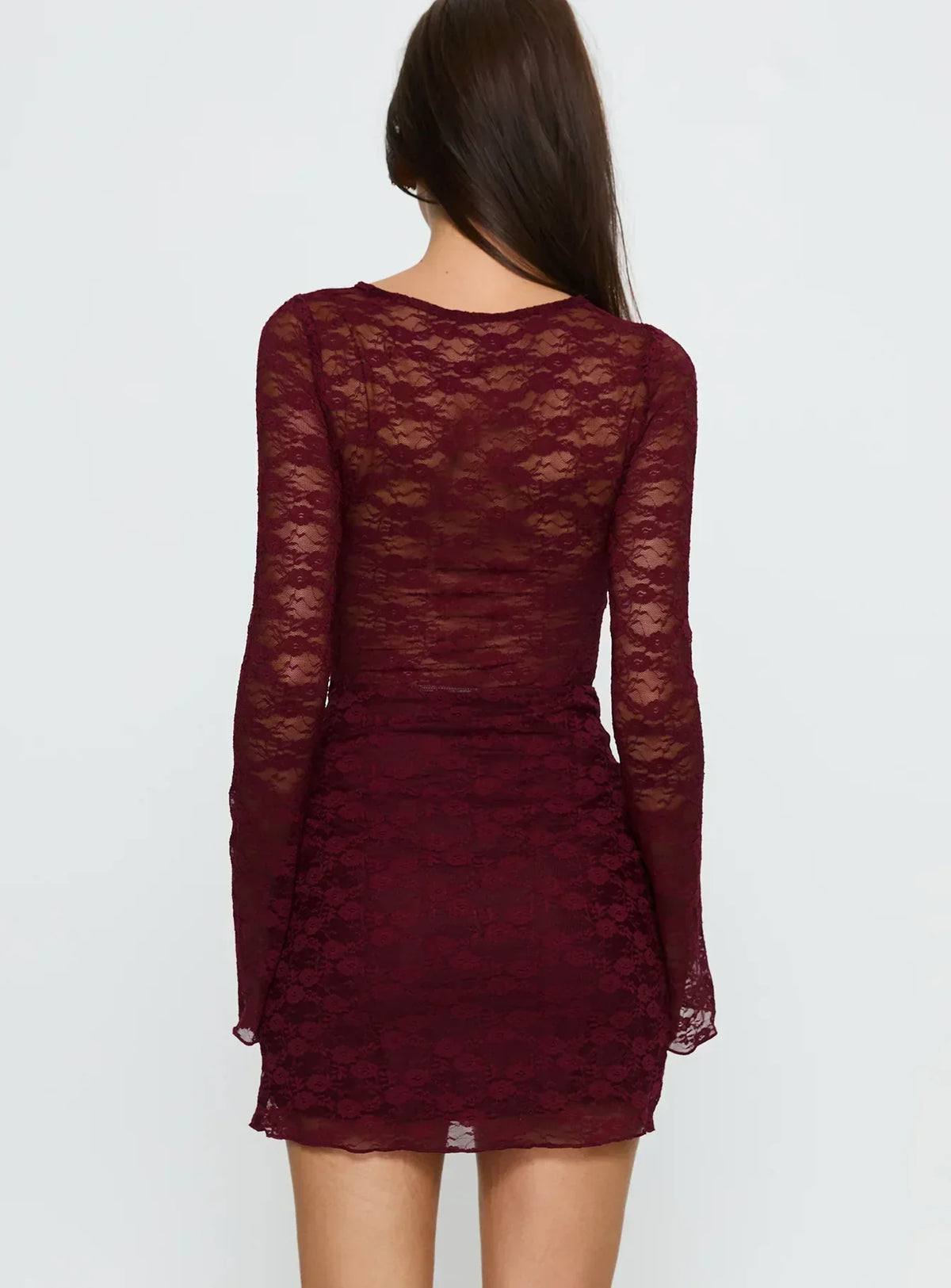 Best You Had Mesh Long Sleeve Mini Dress Burgundy