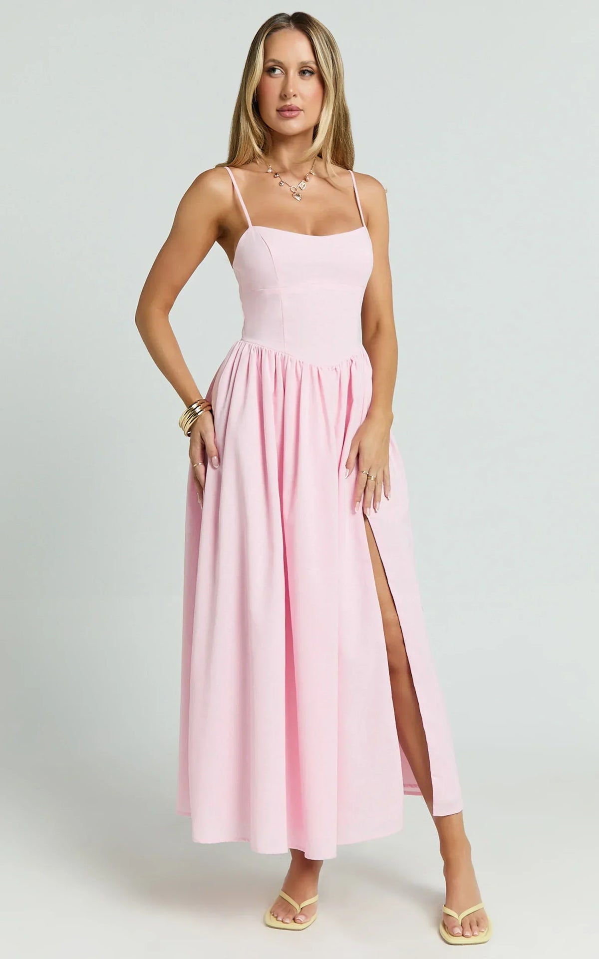 Morris Midi Dress - Linen Scoop Neck Gathered Dress in Pink