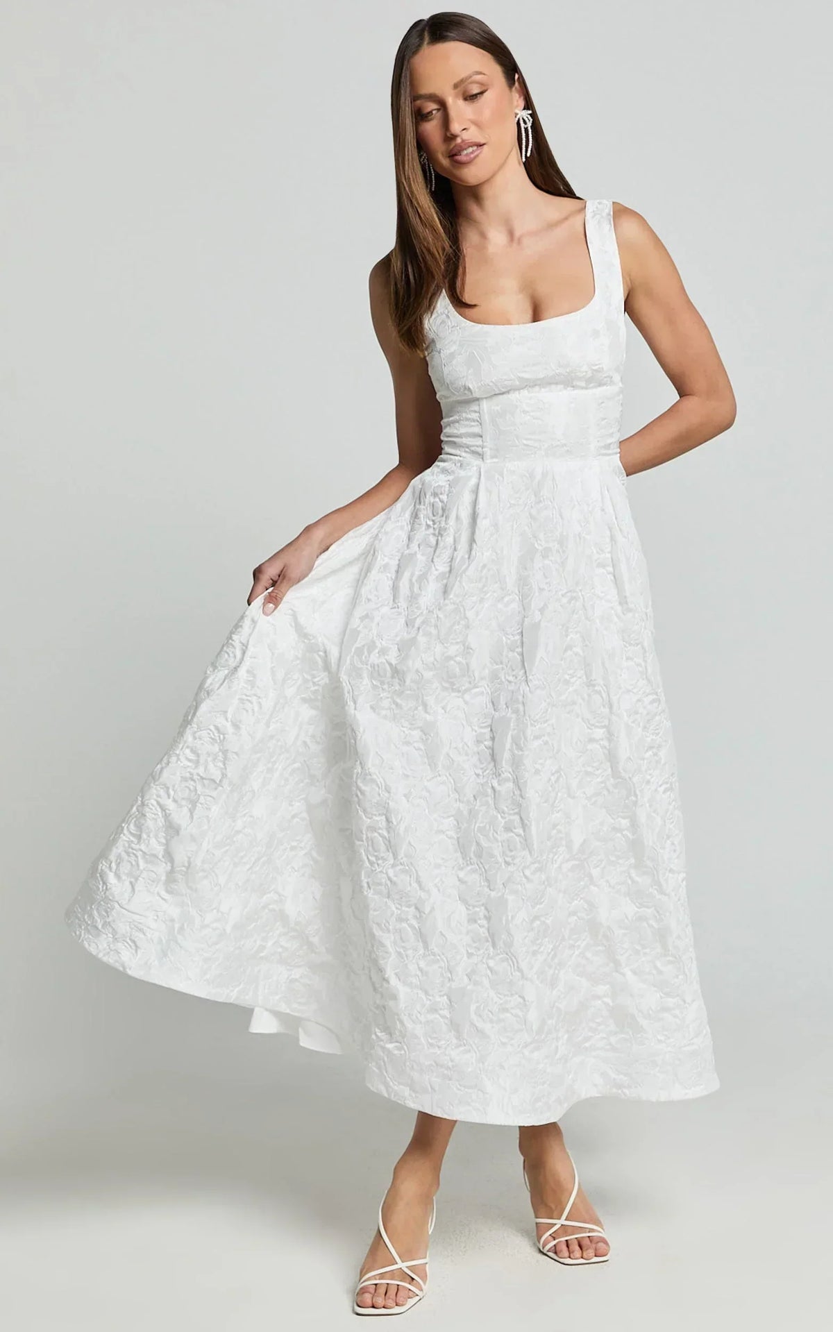 Georgine Midi Dress - Square Neck Fit and Flare Jacquard Dress in Ivory