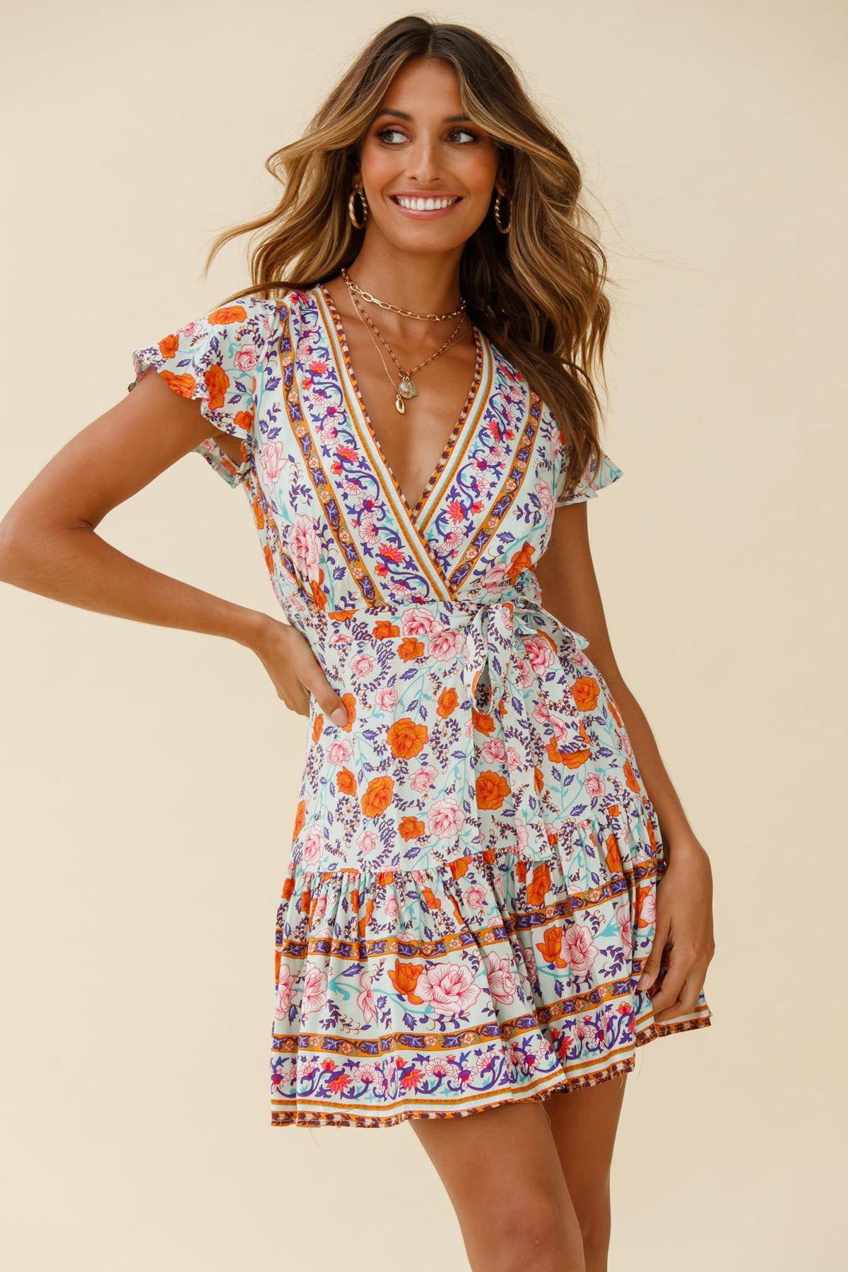 Mayan Angel Sleeve Waist Tie Wrap Dress Floral Print Mint/Pink