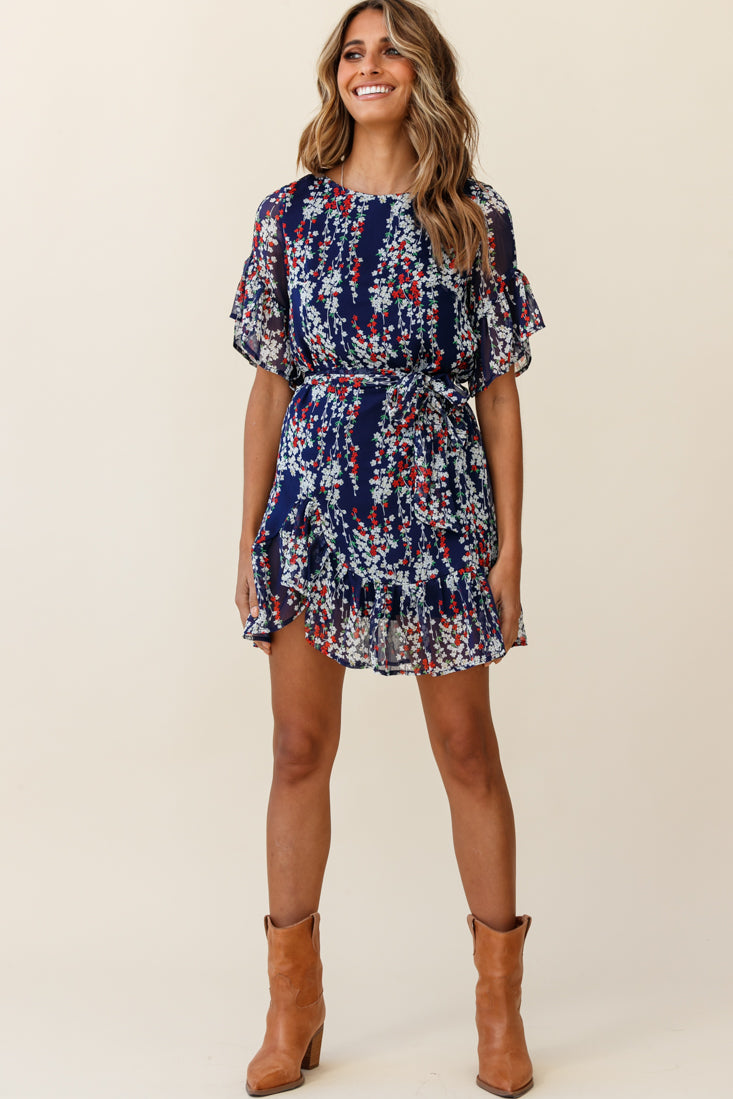 Azealia Ruffle Hem Dress Floral Print Navy