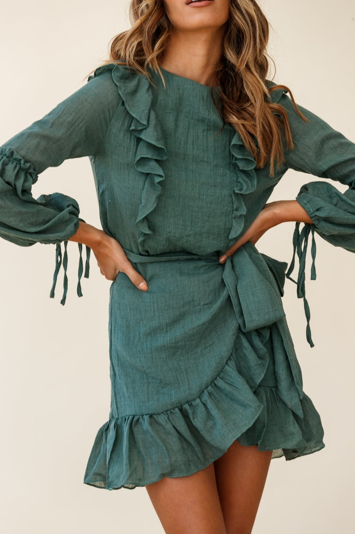 Tila Long Balloon Sleeve Wrap Front Dress Khaki