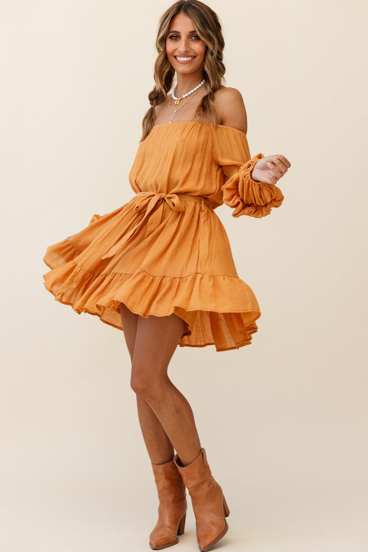 Frida Off-Shoulder Waist Tie Dress Tan