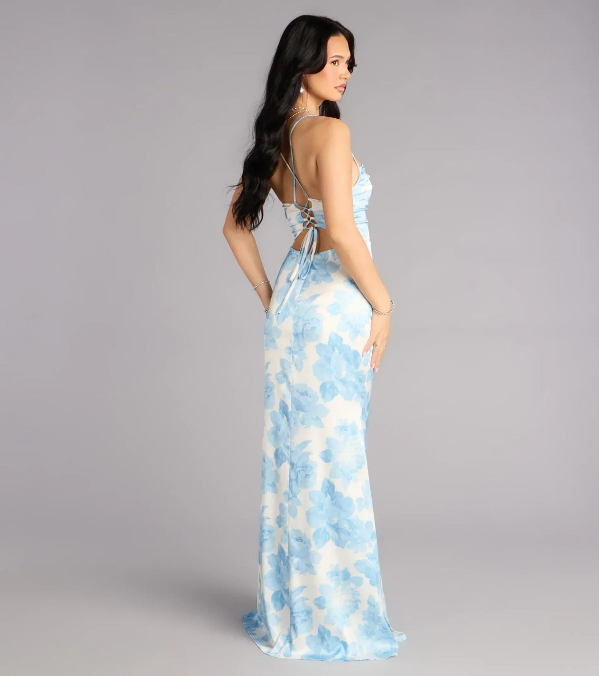 Helen Floral Satin Lace-Up Formal Dress