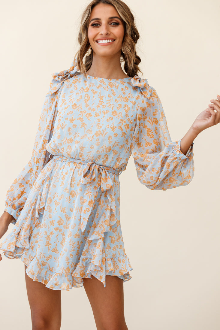 Leigh Long Sleeve Waist Tie Dress Floral Print Blue/Orange