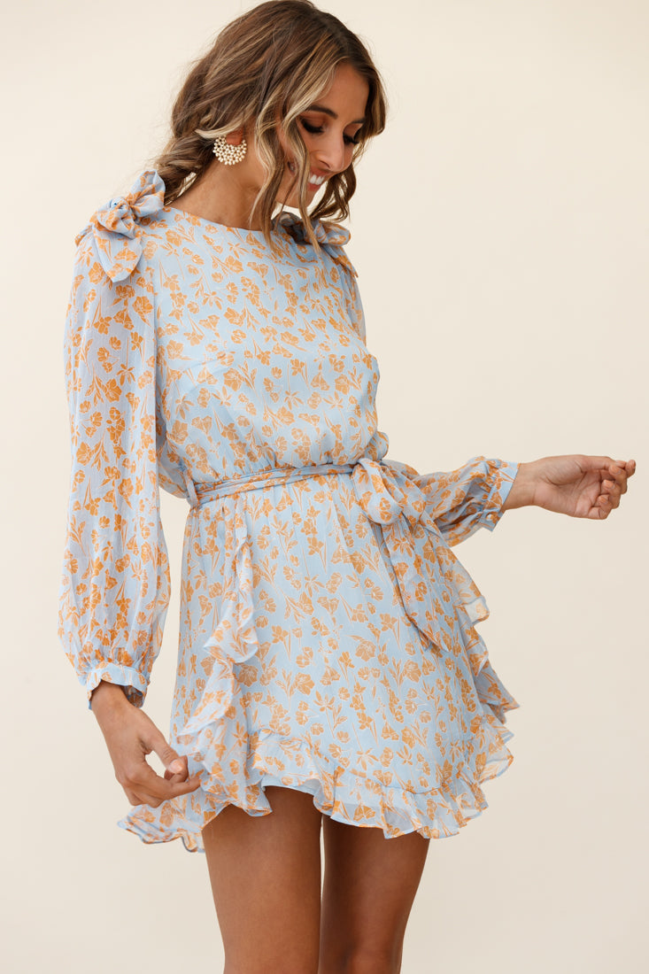 Leigh Long Sleeve Waist Tie Dress Floral Print Blue/Orange