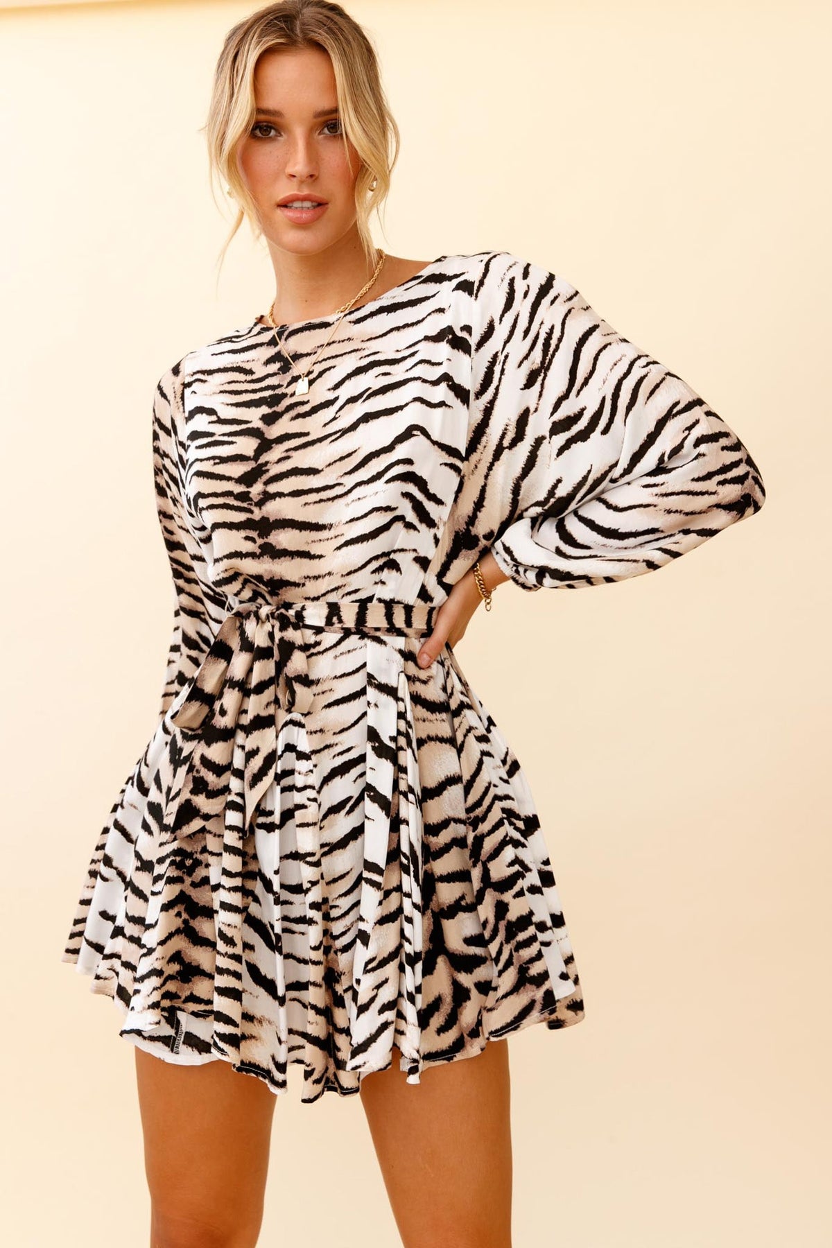 Drift Away Long Sleeve Godet Detail Dress Tiger Print