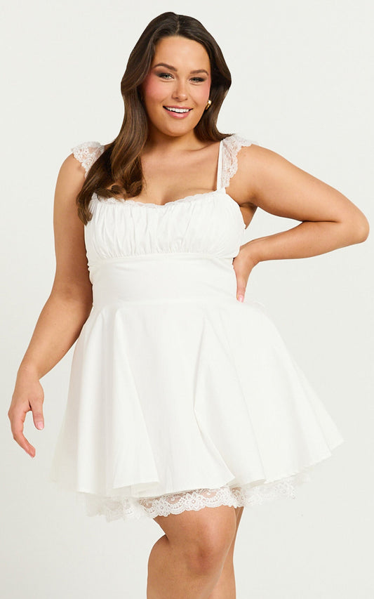 Adalee Mini Dress - Sleeveless Ruched Bodice Lace Trim Dress in Off White