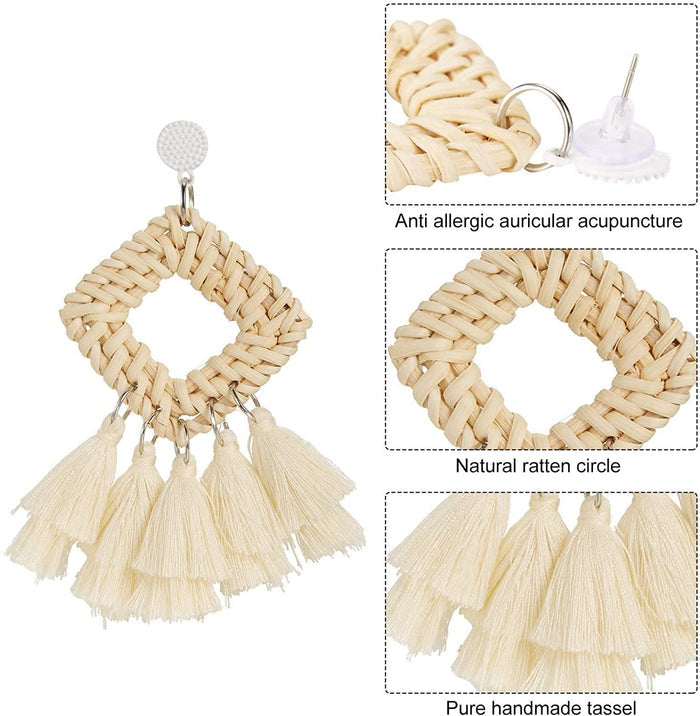 4 Pairs Rattan Earrings Lightweight Geometric Tassel Woven Bohemian Earrings Handmade - Decotree.co Online Shop