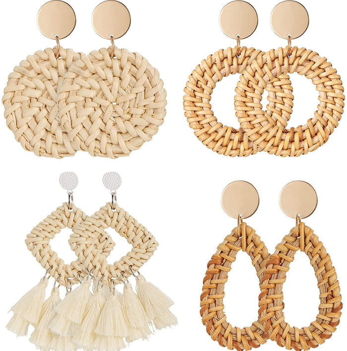 4 Pairs Rattan Earrings Lightweight Geometric Tassel Woven Bohemian Earrings Handmade - Decotree.co Online Shop