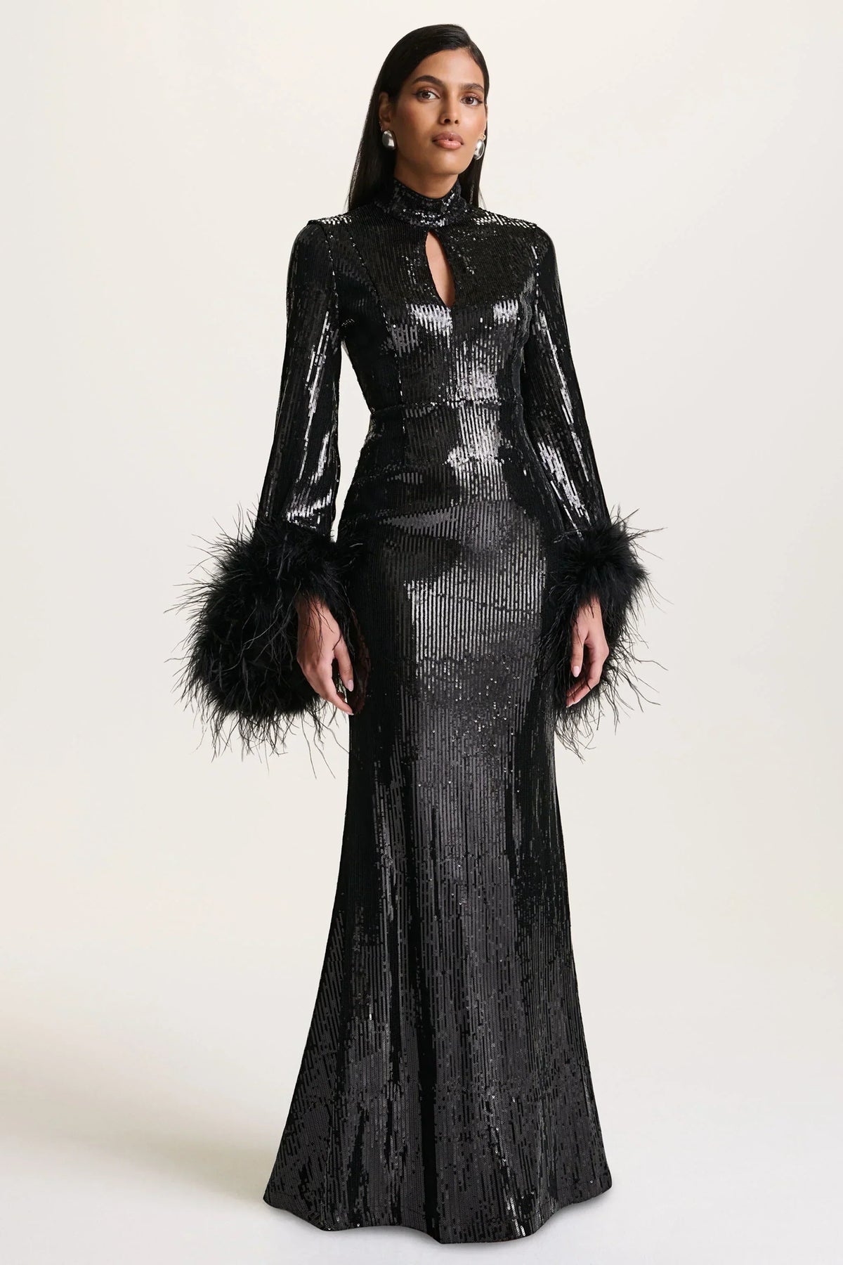 Cosmic Star | Black Sequin High-Neck Maxi Dress With Feather Cuffs