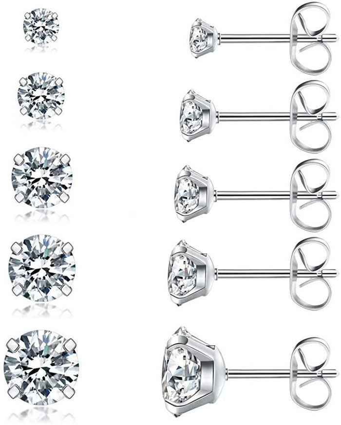 5 Pairs Stud Earrings Set, Hypoallergenic Cubic Zirconia 316L Earrings Stainless Steel CZ Earrings 3-8mm - Decotree.co Online Shop