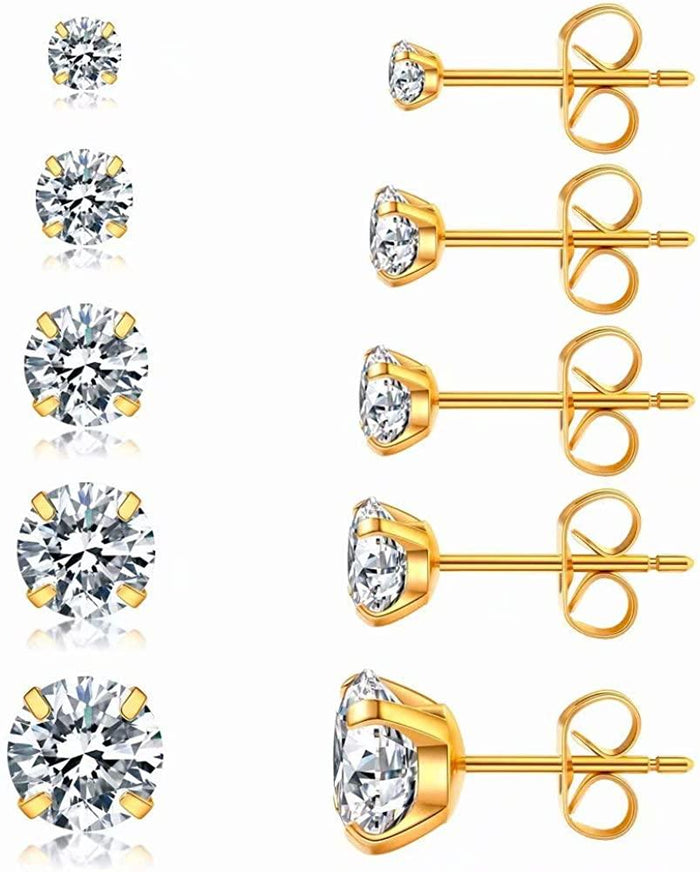 5 Pairs Stud Earrings Set, Hypoallergenic Cubic Zirconia 316L Earrings Stainless Steel CZ Earrings 3-8mm - Decotree.co Online Shop