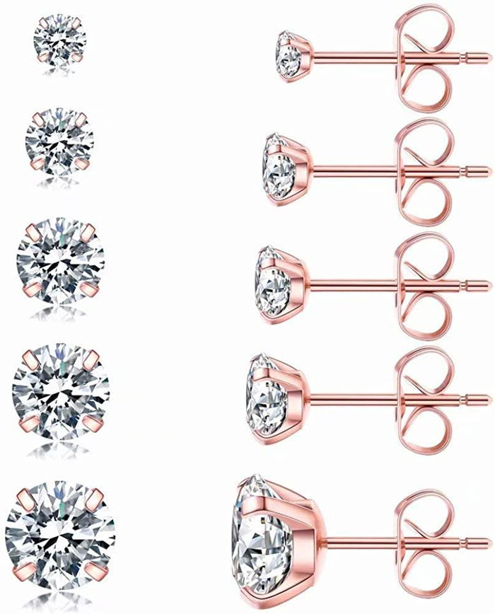 5 Pairs Stud Earrings Set, Hypoallergenic Cubic Zirconia 316L Earrings Stainless Steel CZ Earrings 3-8mm - Decotree.co Online Shop