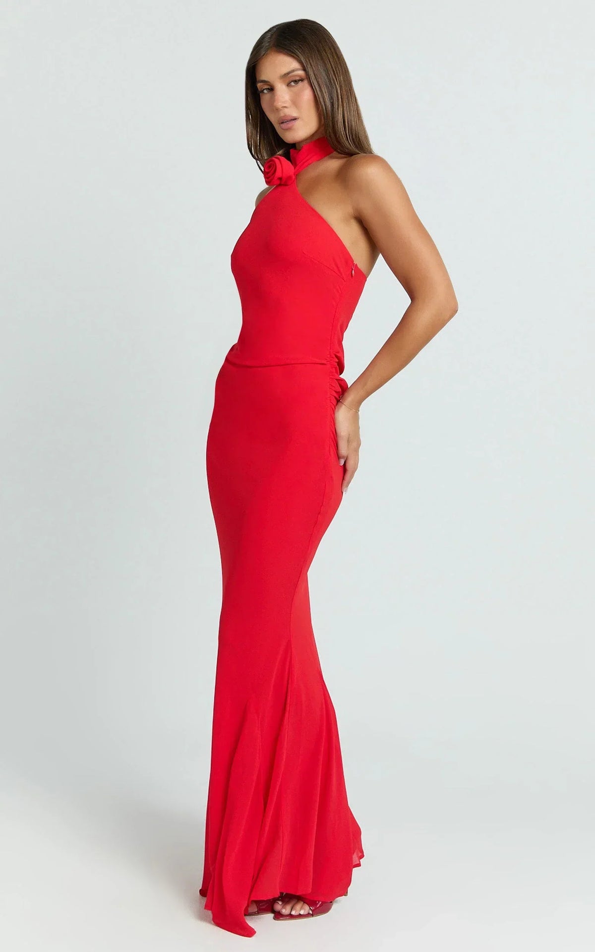 Frederica Maxi Dress - Gathered Halter Neck Godet Dress in Red