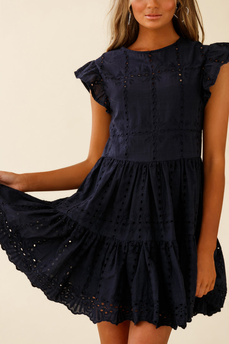 Louise Cap Sleeve Eyelet Embroidery Dress Navy