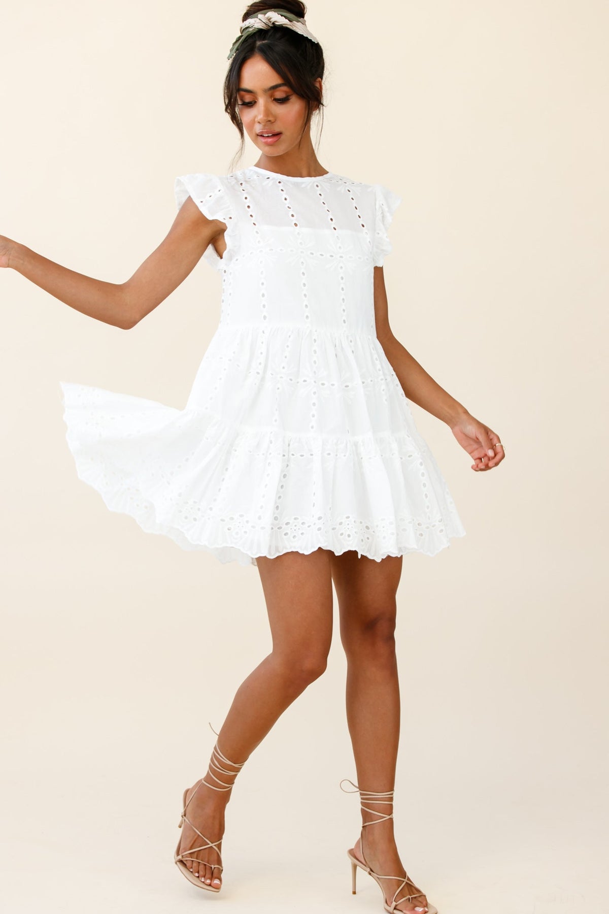 Louise Cap Sleeve Eyelet Embroidery Dress White