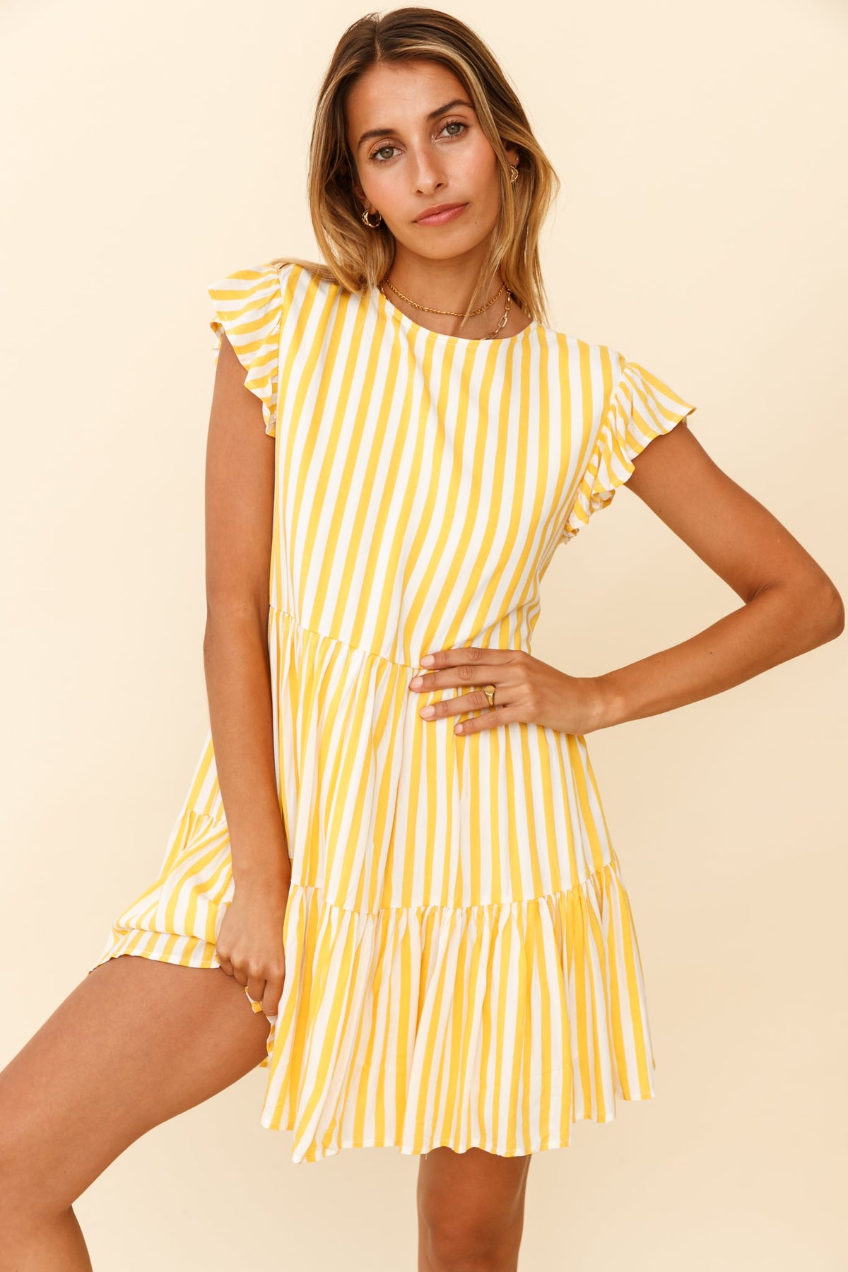 Louise Cap Sleeve Shift Dress Yellow Stripe