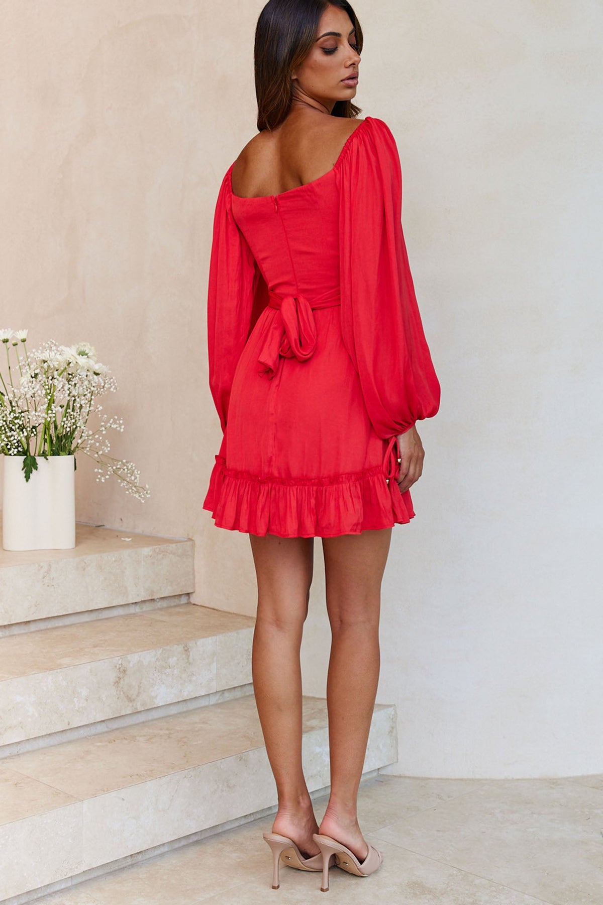 Linka On Or Off-Shoulder Long Sleeve Tie-Back Dress Red