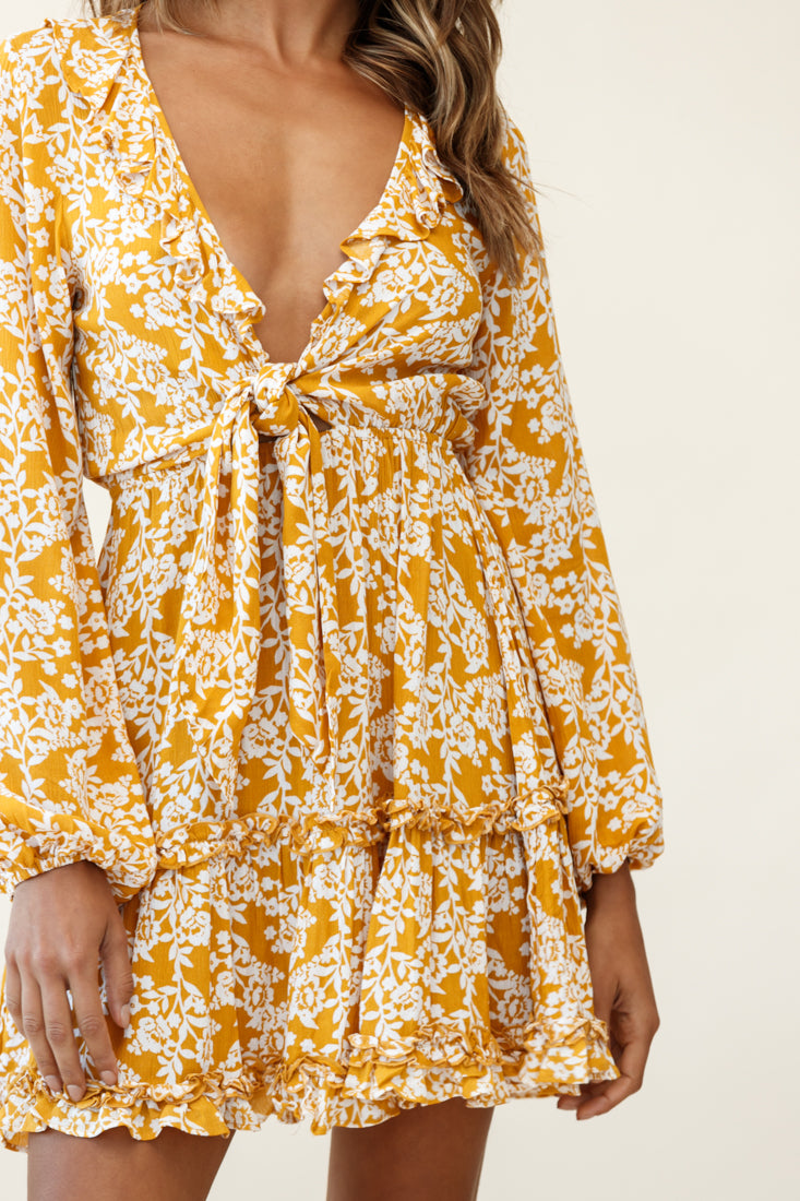 Sunny Daze Long Sleeve Tie-Knot Bust Dress Floral Print Mustard