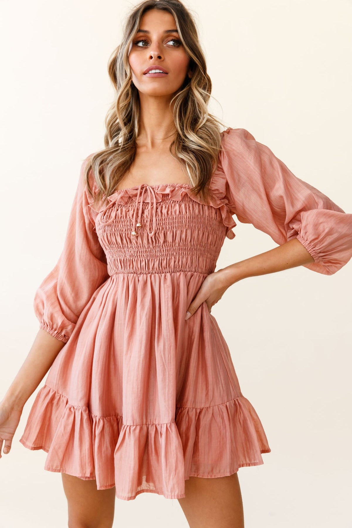 Flynn Balloon Sleeve Shirred Bust Mini Dress Mocha