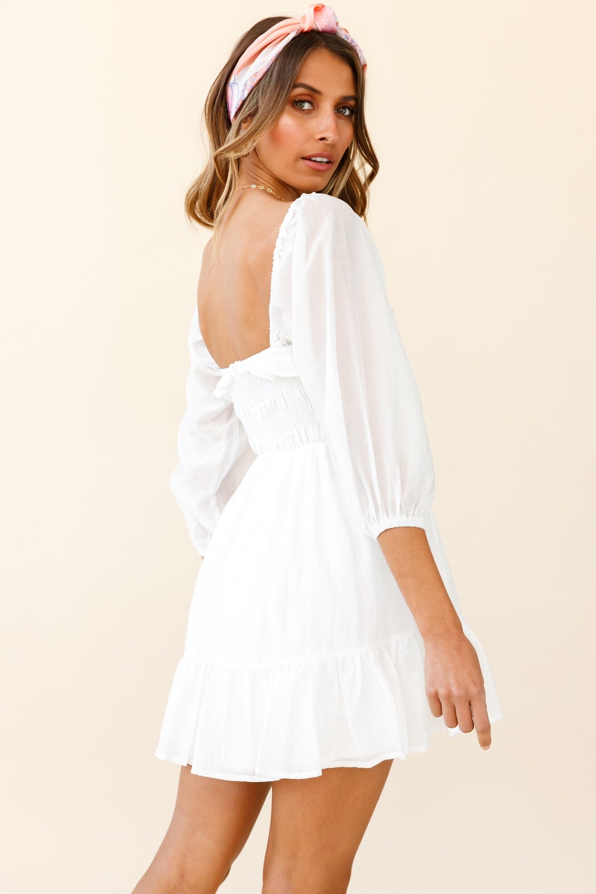 Flynn Balloon Sleeve Shirred Bust Mini Dress White