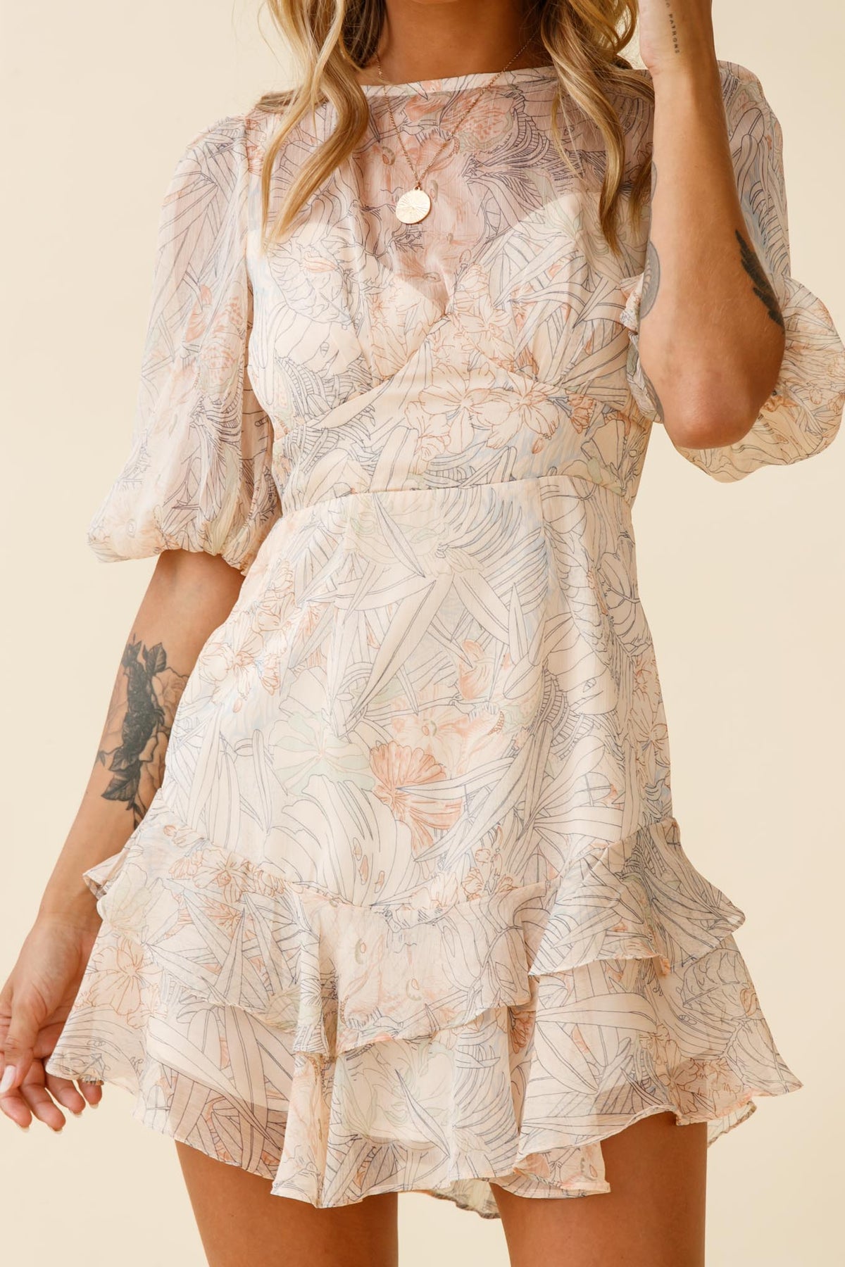 She Knows Puff Sleeve Ruffle Trim Dress Botanic Print Nude