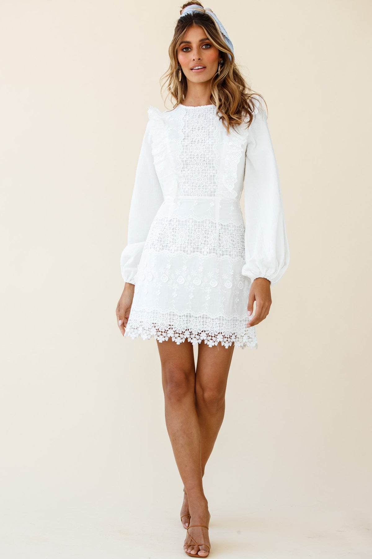 Gracious Long Sleeve Floral Lace Accent Dress White