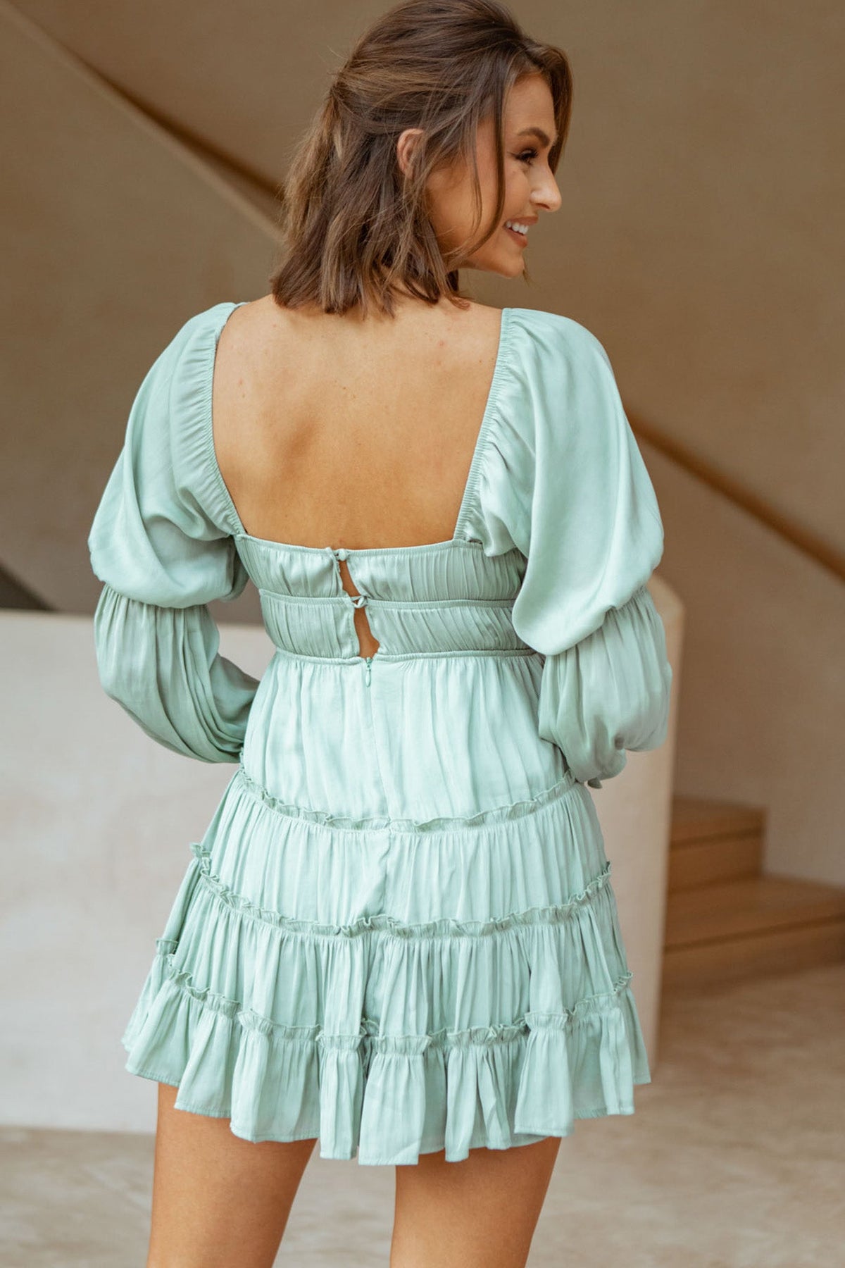 Josephina Lace-Up Front Long Sleeve Mini Dress Avocado