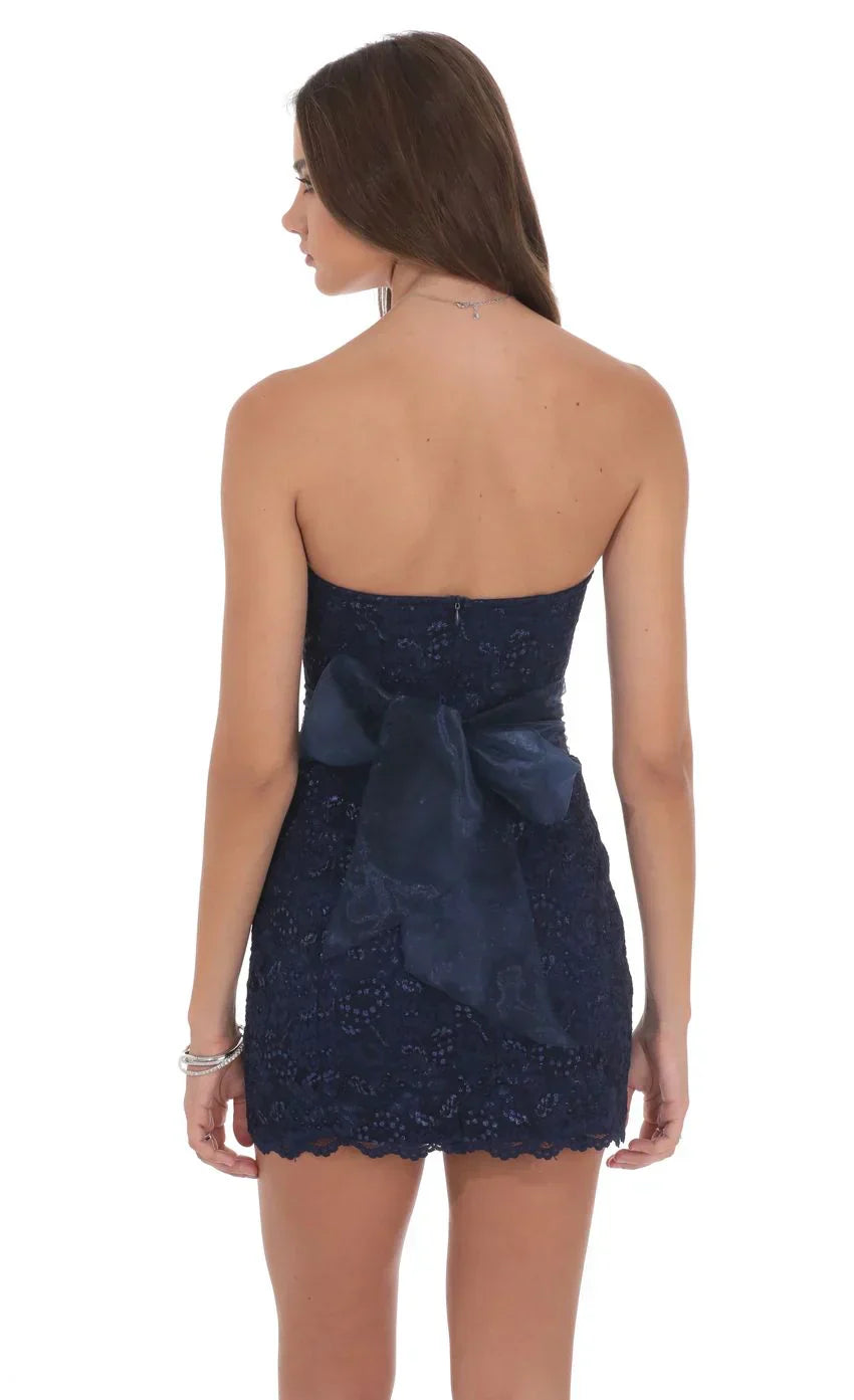 Strapless Lace Back Bow Dress in Navy